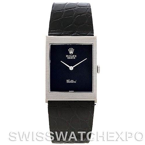 The image shows a front view of a Rolex Cellini 4014 Men's White Gold Black Dial 4014 Men's White Gold Black Dial watch, displaying the face, case, and leather strap.