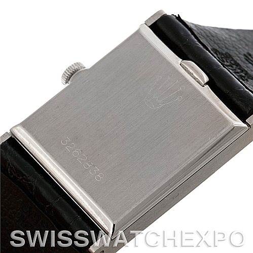 The image shows the back case of a Rolex Cellini 4014 Men's White Gold Black Dial 4014 Men's White Gold Black Dial watch, focusing on the engraved details and black leather strap.