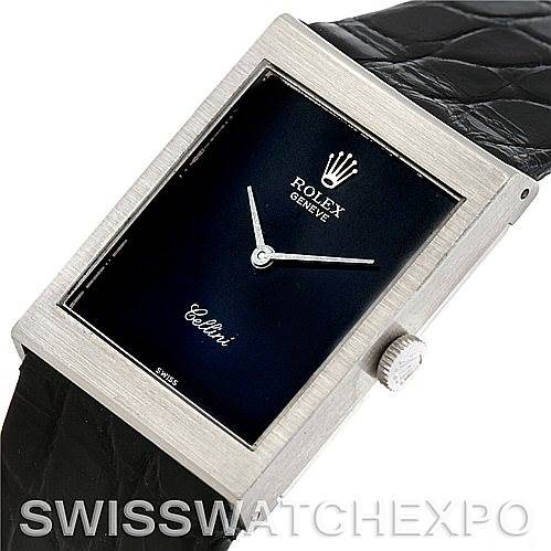 The image shows a front angle of the Rolex Cellini 4014 Men's White Gold Black Dial 4014 Men's White Gold Black Dial watch, highlighting the rectangular dial, crown, and part of the leather strap.