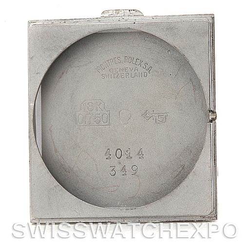 This is the back casing of a Rolex Cellini 4014 Men's White Gold Black Dial 4014 Men's White Gold Black Dial watch, showcasing the inside engravings.