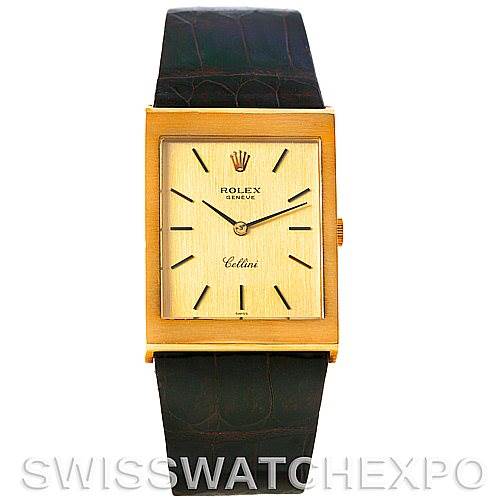 This image shows the front view of the Rolex Cellini 4027 Men's Yellow Gold Champagne Dial 4027 Men's Yellow Gold Champagne Dial watch, featuring its rectangular face, gold case, and black leather strap.