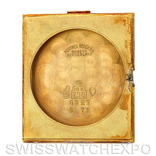 The image shows the inside of the case back of a Rolex Cellini 4027 Men's Yellow Gold Champagne Dial 4027 Men's Yellow Gold Champagne Dial watch, highlighting the Rolex hallmark and gold content.