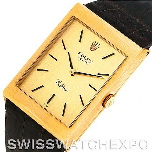 The image shows a close-up of a Rolex Cellini 4027 Men's Yellow Gold Champagne Dial 4027 Men's Yellow Gold Champagne Dial watch from an angled top view, highlighting its rectangular face, crown, and strap.