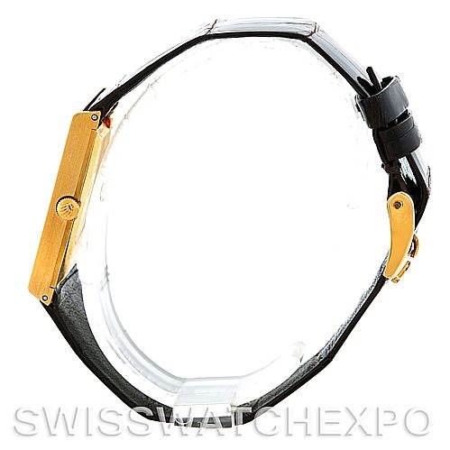 The image shows a side view of a Rolex Cellini 4027 Men's Yellow Gold Champagne Dial 4027 Men's Yellow Gold Champagne Dial watch, highlighting its gold case and black leather strap.