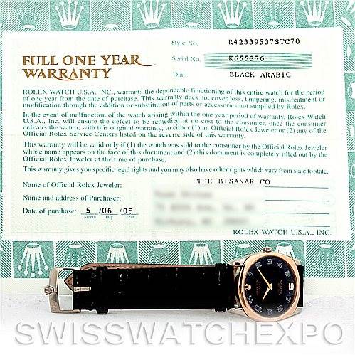 The image shows a front view of the Rolex Cellini 4233 Men's White Gold Black Dial 4233 Men's White Gold Black Dial watch and its one-year warranty card.