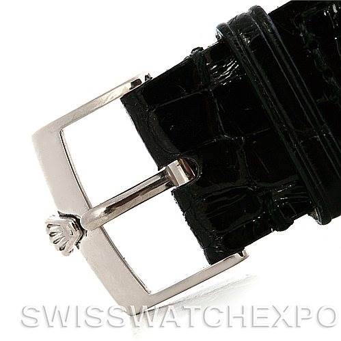 The image shows a close-up of a black leather strap and clasp of a Rolex Cellini 4233 Men's White Gold Black Dial 4233 Men's White Gold Black Dial watch, highlighting the buckle.