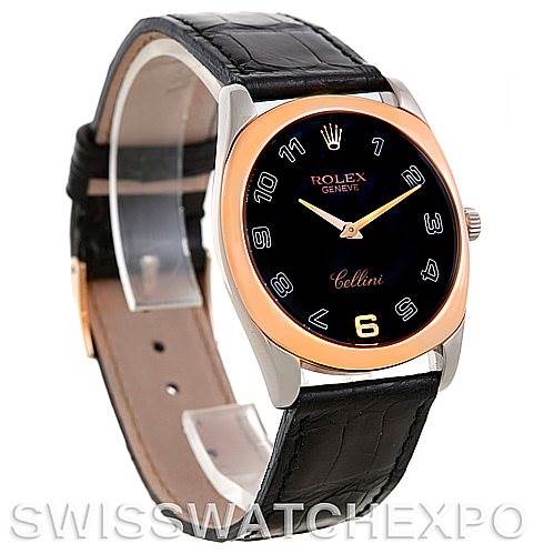 The image shows a Rolex Cellini 4233 Men's White Gold Black Dial 4233 Men's White Gold Black Dial watch at an angled side view, highlighting the dial, bezel, and black leather strap.