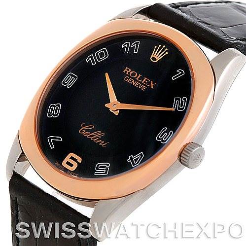 This image shows a Rolex Cellini 4233 Men's White Gold Black Dial 4233 Men's White Gold Black Dial watch at a slight angle, highlighting its black dial, rose gold bezel, and black leather strap.