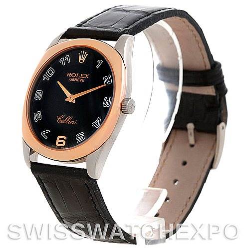 The Rolex Cellini 4233 Men's White Gold Black Dial 4233 Men's White Gold Black Dial watch is shown at a three-quarter angle, highlighting the face, bezel, crown, and part of the leather strap.