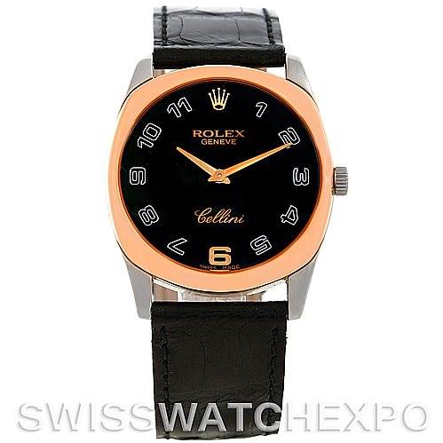 The image shows a front view of a Rolex Cellini 4233 Men's White Gold Black Dial 4233 Men's White Gold Black Dial watch, featuring a black dial, gold case, and black leather strap.