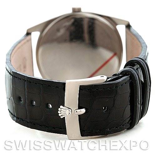 The image shows the back view of a Rolex Cellini 4233 Men's White Gold Black Dial 4233 Men's White Gold Black Dial watch, highlighting the black leather strap and silver buckle.