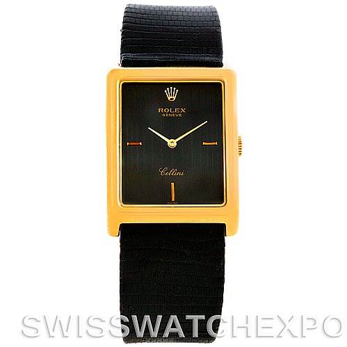 This image shows a front view of a Rolex Cellini 4105 Men's Yellow Gold Black Dial 4105 Men's Yellow Gold Black Dial watch with a gold case, black dial, and black leather strap.