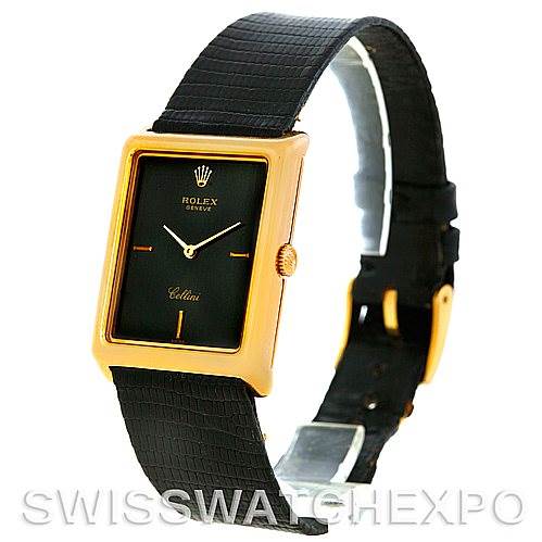 The image shows a Rolex Cellini 4105 Men's Yellow Gold Black Dial 4105 Men's Yellow Gold Black Dial watch at a three-quarter angle, displaying the face, strap, and side crown.
