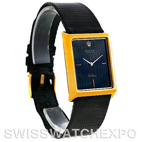 This image shows a Rolex Cellini 4105 Men's Yellow Gold Black Dial 4105 Men's Yellow Gold Black Dial watch at a slight angle, highlighting its square gold case, black strap, and black dial.