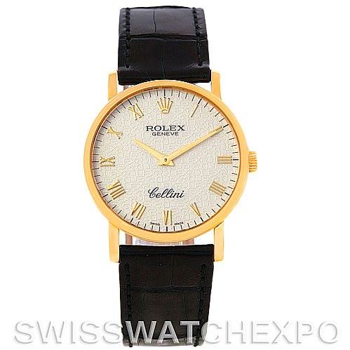 This image shows a front view of the Rolex Cellini 5115 Men's Yellow Gold Beige Dial 5115 Men's Yellow Gold Beige Dial watch, highlighting its round gold case, white dial, black leather strap, and Roman numeral markers.