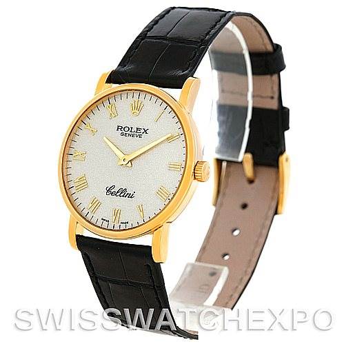 This Rolex Cellini 5115 Men's Yellow Gold Beige Dial 5115 Men's Yellow Gold Beige Dial watch is shown at a slight angle, highlighting the face, bezel, crown, and black leather strap.