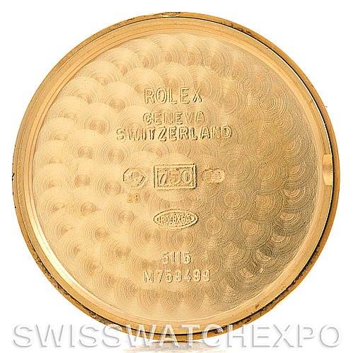 The image shows the interior case back of a Rolex Cellini 5115 Men's Yellow Gold Beige Dial 5115 Men's Yellow Gold Beige Dial watch, displaying various engraved markings and model numbers.