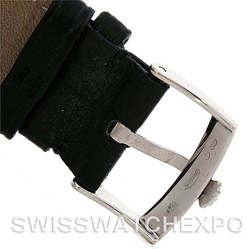 This image shows the buckle of a Rolex Cellini 4233 Men's White Gold Black Dial 4233 Men's White Gold Black Dial watch, focusing on the clasp and part of the leather strap from a top angle.