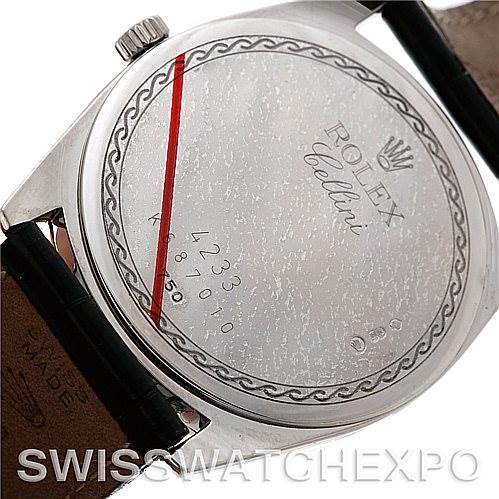 The image shows the back case of a Rolex Cellini 4233 Men's White Gold Black Dial 4233 Men's White Gold Black Dial watch, displaying the brand name and model details.