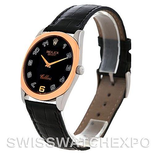 The image shows a Rolex Cellini 4233 Men's White Gold Black Dial 4233 Men's White Gold Black Dial watch at an angled view, displaying its face, bezel, crown, and leather strap.