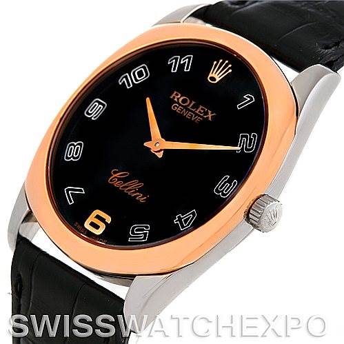 This image shows a Rolex Cellini 4233 Men's White Gold Black Dial 4233 Men's White Gold Black Dial watch at an angled view, highlighting the face, bezel, crown, and black leather strap.