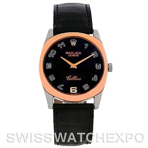This image shows a front view of a Rolex Cellini 4233 Men's White Gold Black Dial 4233 Men's White Gold Black Dial watch with a black leather strap and rose gold bezel.