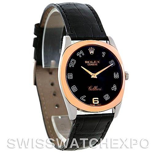 The image shows a Rolex Cellini 4233 Men's White Gold Black Dial 4233 Men's White Gold Black Dial watch at a front-angle, highlighting the dial, casing, and leather strap.