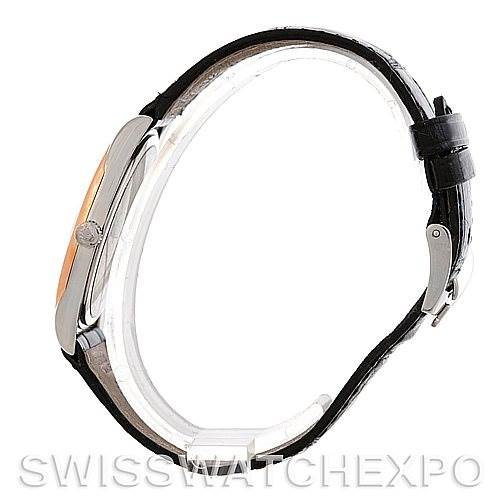 The image shows a side profile of the Rolex Cellini 4233 Men's White Gold Black Dial 4233 Men's White Gold Black Dial watch, highlighting its case, crown, and leather strap with buckle.