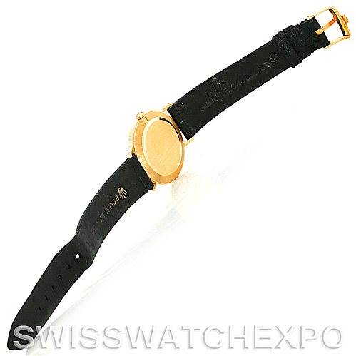 The image shows the back and strap of a Rolex Cellini 5112 Men
s Yellow Gold White Dial 5112 Men
s Yellow Gold White Dial watch at an angled view.