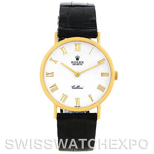 The image shows a front view of a Rolex Cellini 5112 Men
s Yellow Gold White Dial 5112 Men
s Yellow Gold White Dial watch, featuring its dial, Roman numerals, and black leather strap.
