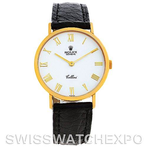 This image shows a front view of a Rolex Cellini 4112 Men's Yellow Gold White Dial 4112 Men's Yellow Gold White Dial watch featuring a white dial, gold case, Roman numerals, and a black leather strap.