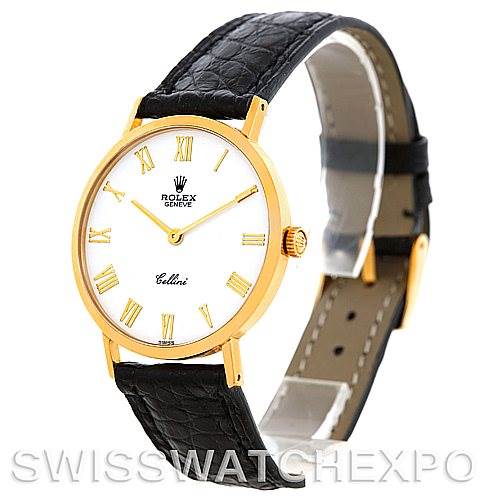 The Rolex Cellini 4112 Men's Yellow Gold White Dial 4112 Men's Yellow Gold White Dial watch is shown at a three-quarter angle, displaying the face, hands, bezel, and black leather strap.