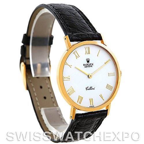 The image shows a Rolex Cellini 4112 Men's Yellow Gold White Dial 4112 Men's Yellow Gold White Dial watch at a slight angle, highlighting its round gold case, white dial, and black leather strap.