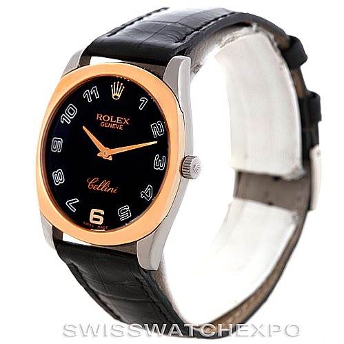 The image shows a Rolex Cellini 4233 Men's White Gold Black Dial 4233 Men's White Gold Black Dial watch at an oblique angle, highlighting its black dial, gold bezel, and black leather strap.