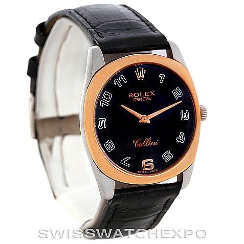 The image shows a Rolex Cellini 4233 Men's White Gold Black Dial 4233 Men's White Gold Black Dial watch at a 3/4 angle, highlighting its black leather strap, rose gold bezel, and black dial.