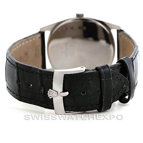 The image shows the rear view of a Rolex Cellini 4233 Men's White Gold Black Dial 4233 Men's White Gold Black Dial watch, focusing on its leather strap and buckle.