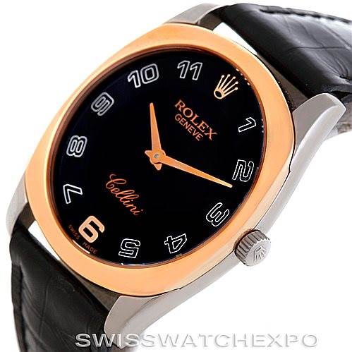 The image shows a Rolex Cellini 4233 Men's White Gold Black Dial 4233 Men's White Gold Black Dial watch at a tilted angle, highlighting the dial, crown, and part of the leather strap.