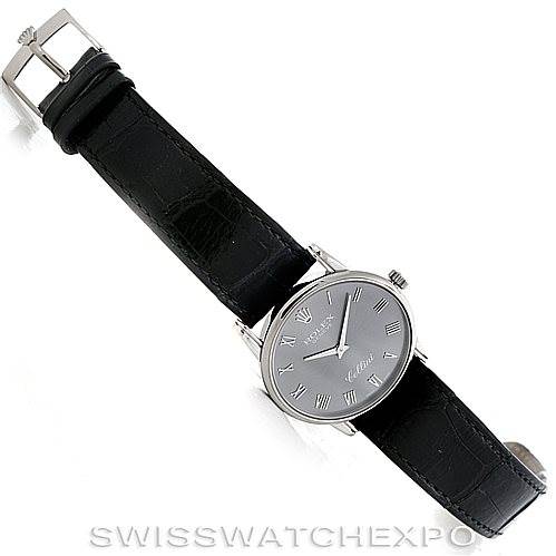 The Rolex Cellini 5116 Men's White Gold Grey Dial 5116 Men's White Gold Grey Dial watch is shown from the top, displaying the face, strap, and clasp.