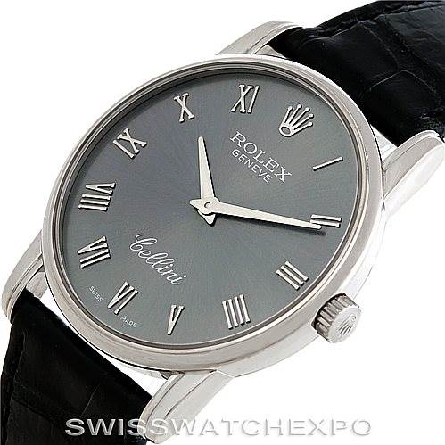 This Rolex Cellini 5116 Men's White Gold Grey Dial 5116 Men's White Gold Grey Dial watch is displayed at a slight angle, showing the dial, bezel, lugs, and part of the strap.