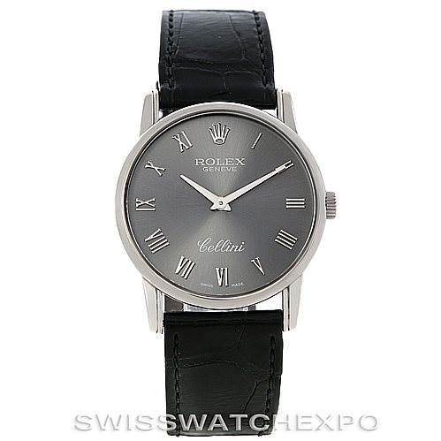This is a front-facing view of a Rolex Cellini 5116 Men's White Gold Grey Dial 5116 Men's White Gold Grey Dial watch, showing the dial, hands, case, and leather strap.