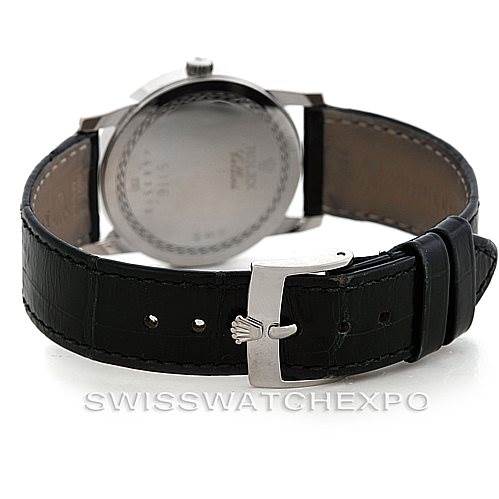 The image shows the back view of a Rolex Cellini 5116 Men's White Gold Grey Dial 5116 Men's White Gold Grey Dial watch, including the case back and the black leather strap with the buckle.