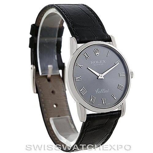 The image shows a Rolex Cellini 5116 Men's White Gold Grey Dial 5116 Men's White Gold Grey Dial watch at a slight angle, displaying the face, bezel, crown, and leather strap.