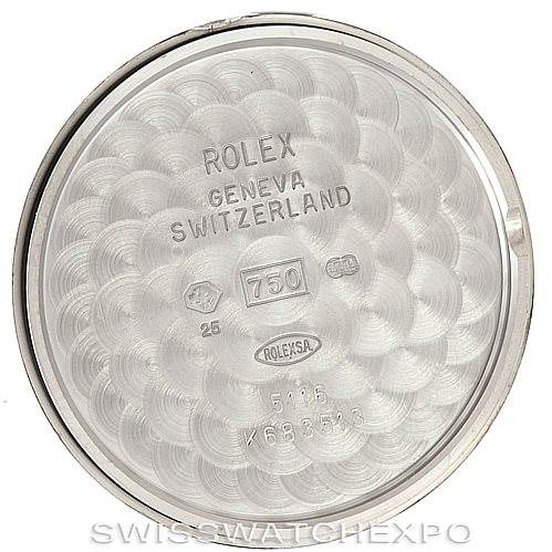 This image shows the inside of the case back for a Rolex Cellini 5116 Men's White Gold Grey Dial 5116 Men's White Gold Grey Dial watch, featuring engravings and hallmarks.