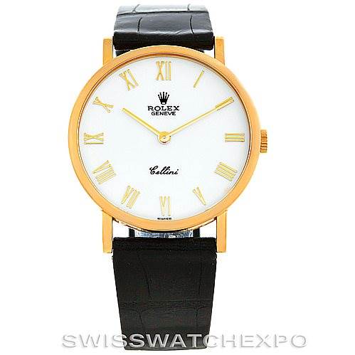 The image shows a frontal view of a Rolex Cellini 5112 Men's Yellow Gold White Dial 5112 Men's Yellow Gold White Dial watch, displaying its face, gold casing, and black leather strap.