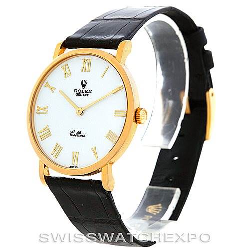 The image shows a side angle of a Rolex Cellini 5112 Men's Yellow Gold White Dial 5112 Men's Yellow Gold White Dial watch, highlighting its gold case, white dial, and black leather strap.