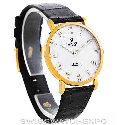 This Rolex Cellini 5112 Men's Yellow Gold White Dial 5112 Men's Yellow Gold White Dial watch is shown at a front angle, displaying its gold case, white dial with Roman numerals, and black leather strap.