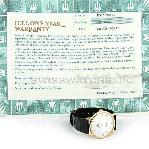 The image shows a Rolex Cellini 5112 Men's Yellow Gold White Dial 5112 Men's Yellow Gold White Dial watch with a gold case and black leather strap, displayed alongside a full one-year warranty card.