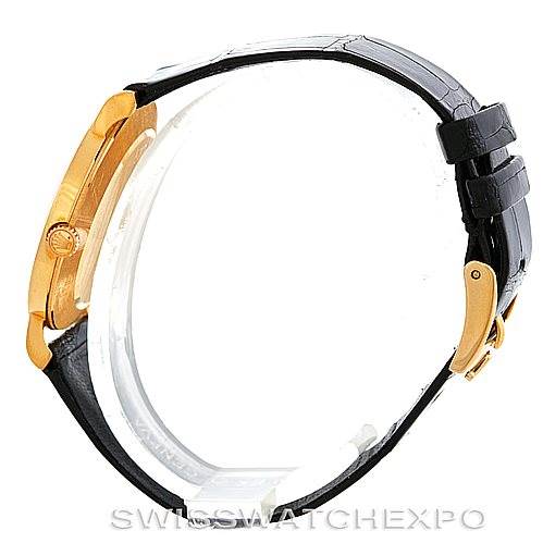 Side view of the Rolex Cellini 5112 Men's Yellow Gold White Dial 5112 Men's Yellow Gold White Dial showing the gold case, black leather strap, and crown detail.