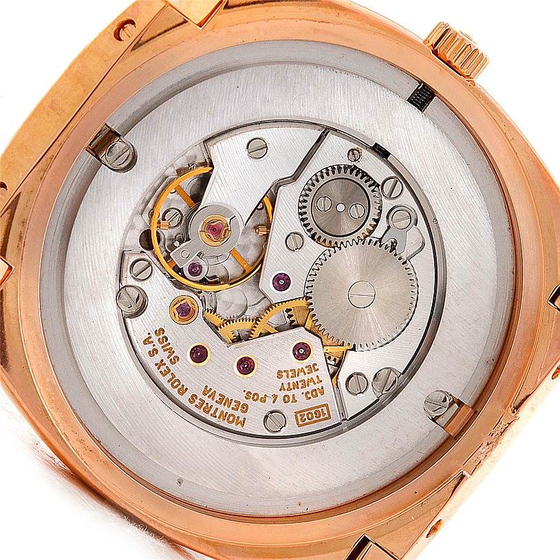 This image shows the internal movement mechanism of a Rolex Cellini 5330 Men's Rose Gold Grey Dial 5330 Men's Rose Gold Grey Dial watch from a rear angle.