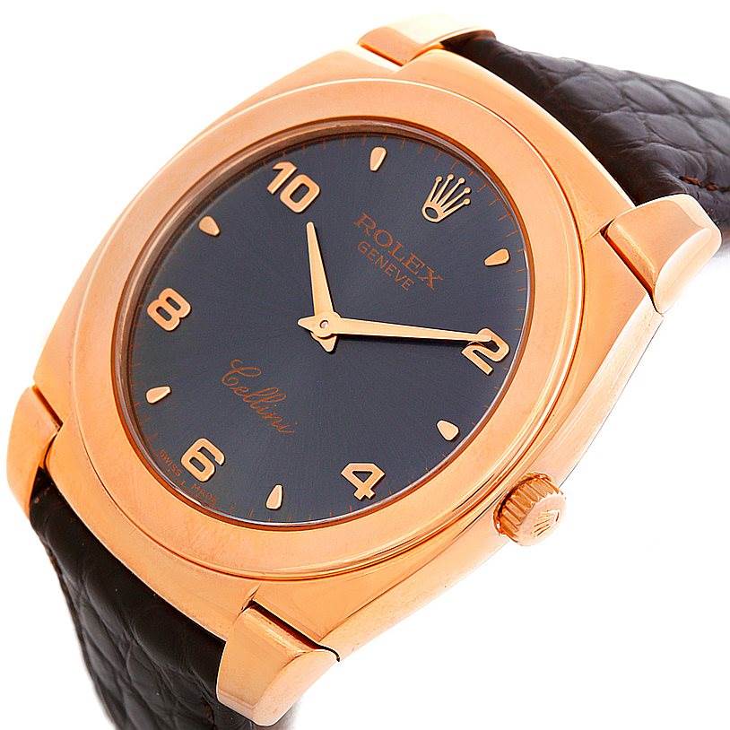 The image shows a close-up angle of the Rolex Cellini 5330 Men's Rose Gold Grey Dial 5330 Men's Rose Gold Grey Dial watch, highlighting the dial, crown, case, and leather strap.